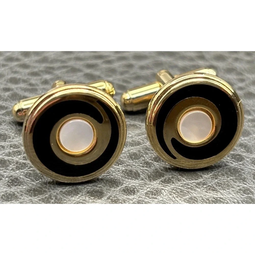 Vintage Mother of Pearl Black Enamel Swirl Round Cufflinks Gold Tone